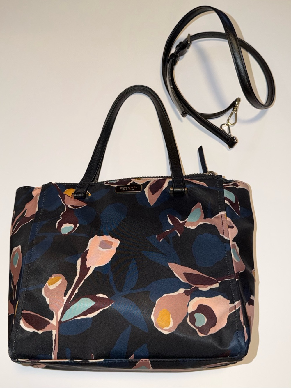 kate spade Black Floral Print Tote with Pink, Yellow and Blue Accents